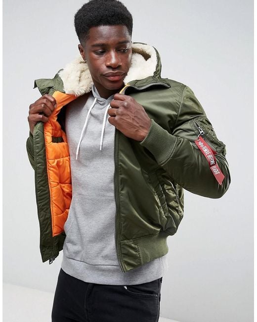 Alpha Industries Green Ma-1 Hooded Insulated Bomber Jacket Borg Lined Hood In Sage for men
