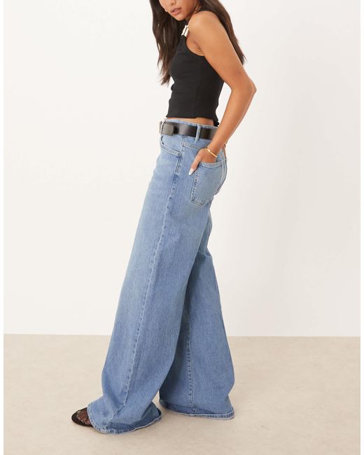 Mango Blue Cotton Pleat Front Wide Leg Jean