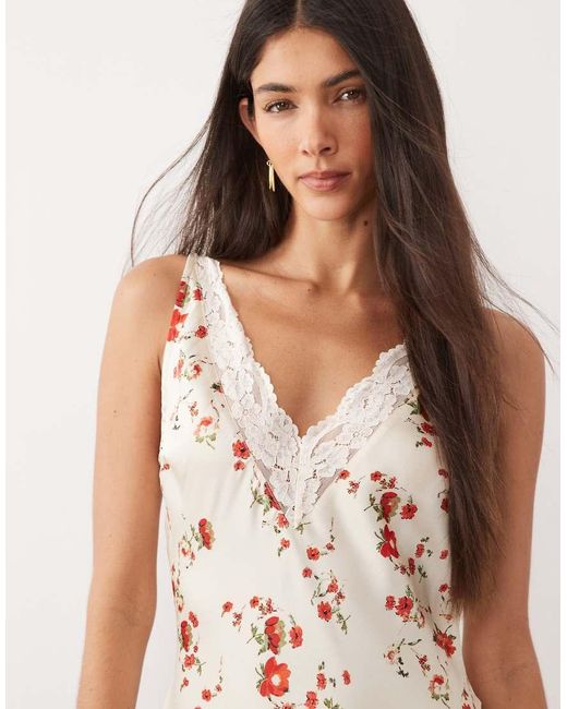 ASOS Natural V Neck Lace Matte Satin Maxi Dress
