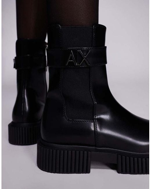 ARMANI EXCHANGE Black Buckle Logo Ankle Boots