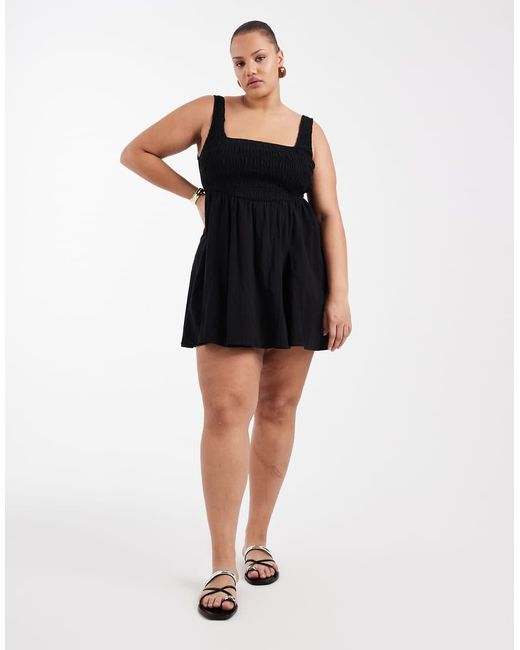 ASOS Black Asos Design Curve Selina Beach Textured Cotton Shirred Mini Sundress