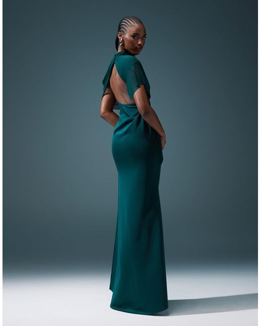 ASOS Blue Draped Mesh Shoulder Pad Premium Maxi Dress