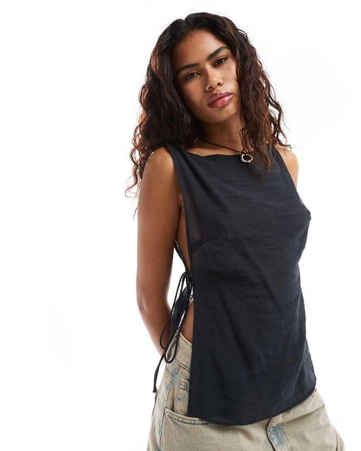 Weekday Black Cintia Boat Neck Cami Top With Side Tie Detail