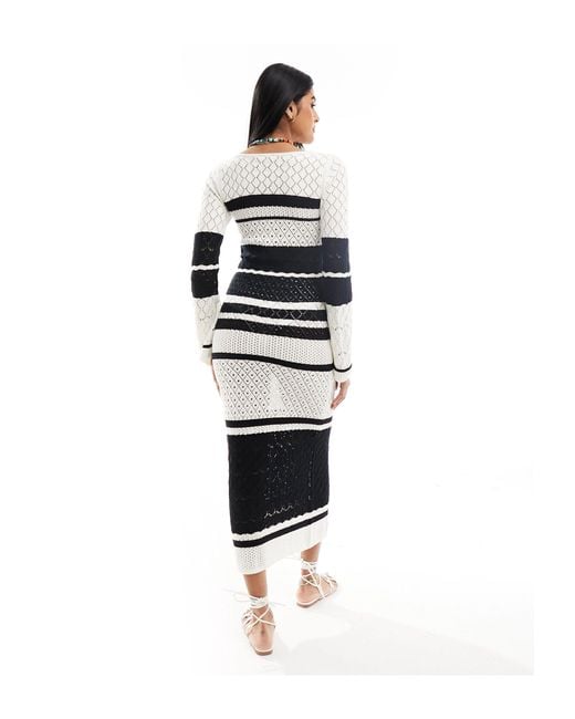 Miss Selfridge White Stripe Square Neck Crochet Long Sleeve Midi Dress