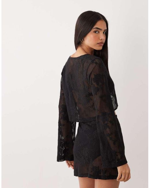 ASOS Black Sheer Crochet Lace Tie Front Top (part Of A Set)