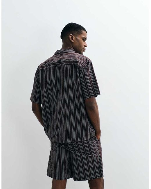 Only & Sons Black Relaxed Fit Seersucker Shirt Co-Ord With Resort Collar for men