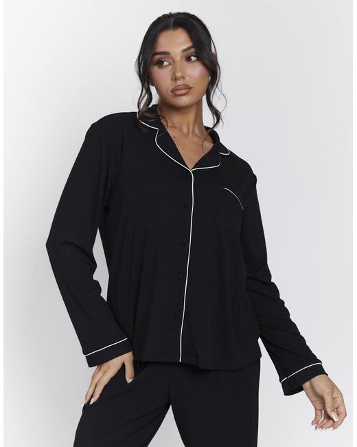 Loungeable Black Rib Long Sleeve Traditional Shirt And Long Pant