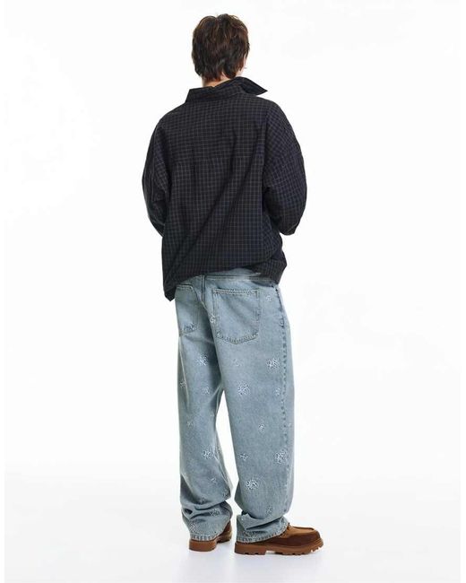 Pull&Bear Blue Stwd Embroidered baggy Jeans for men