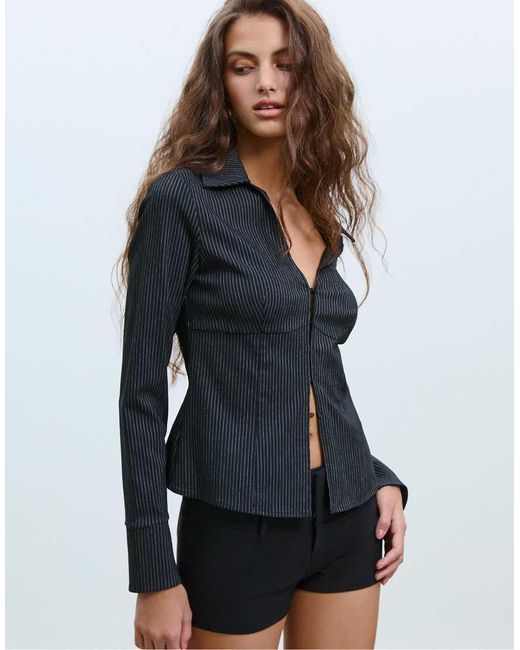 Stradivarius Blue Striped Fitted Shirt With Long Sleeves