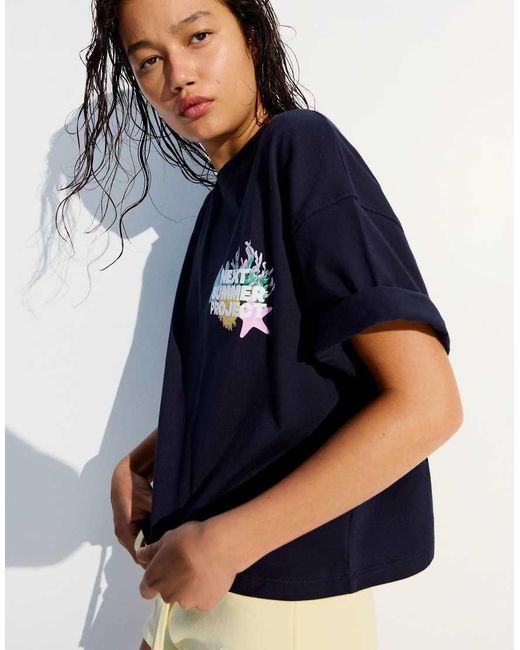 Bershka Blue Oversize Short Sleeve Print T-Shirt