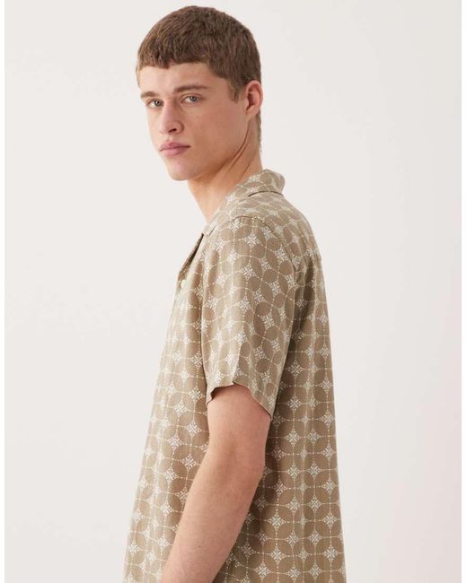 ASOS Natural Regular Fit Camp Collar Linen Blend Shirt With Geo Print for men