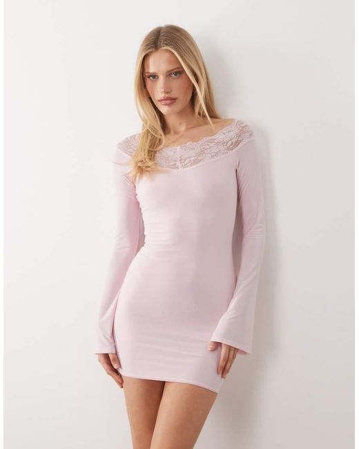 Fashionkilla Pink Exclusive Slinky Lace Trim Bardot Flare Sleeve Mini Dress