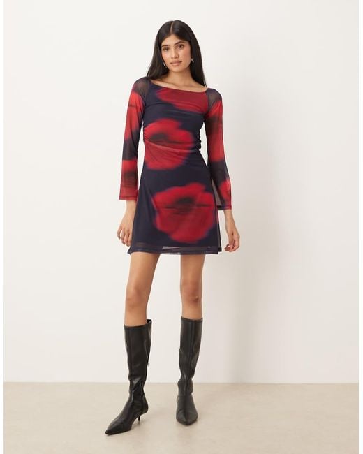 JJXX Red Mesh Long Sleeve Dress With Floral Print