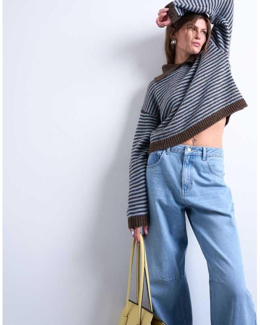 TOPSHOP Blue Knitted Stripe Collar Jumper