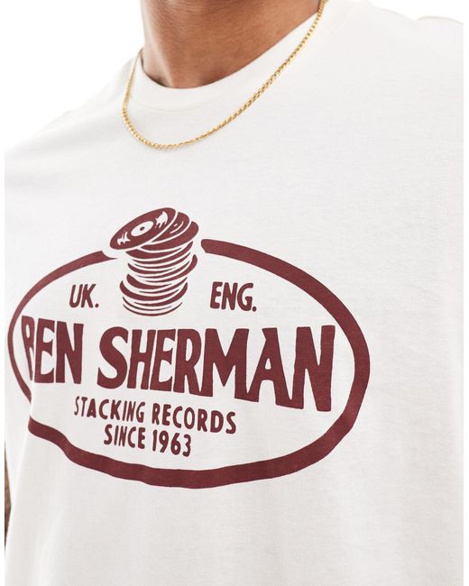 Camiseta blanco hueso con estampado "stacking records" Ben Sherman de hombre de color White