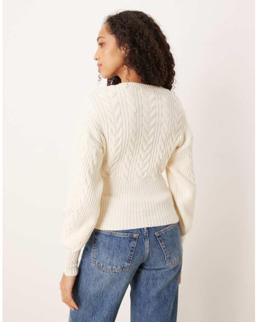 Gina Tricot White V Neck Knitted Cable Cardigan