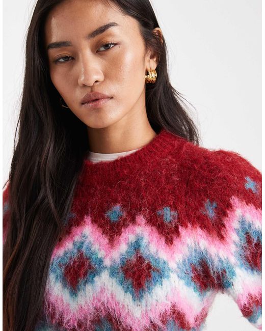 ASOS Pink Power Shoulder Fairisle Brushed Jumper