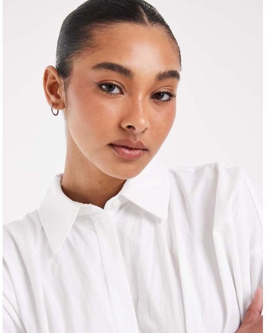 ASOS White Cinched Shirt Dress With Broderie Trim