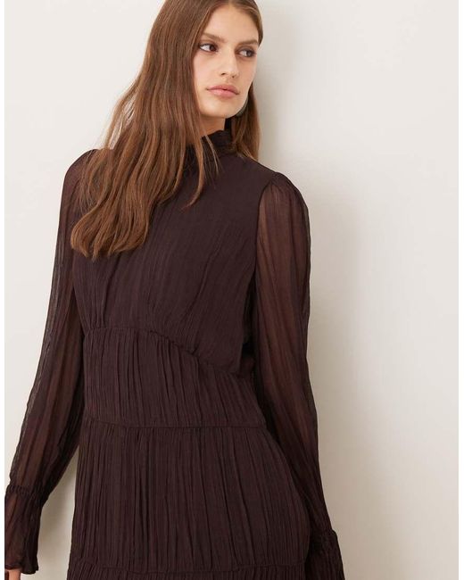 Mango Natural High Neck Long Sleeve Chiffon Tiered Maxi Dress