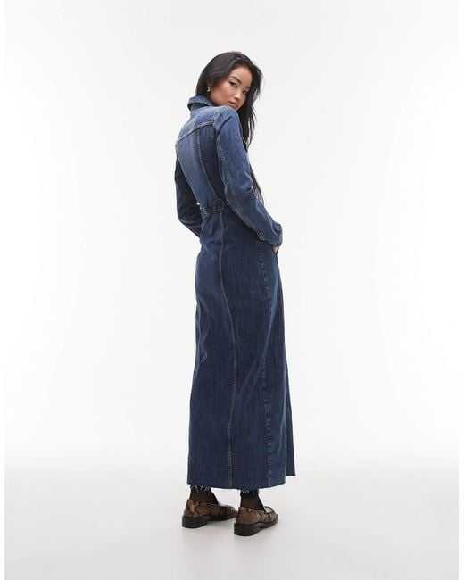 Robe longue en jean avec manches longues et sangle ajustable à la taille - moyen TOPSHOP en coloris Blue