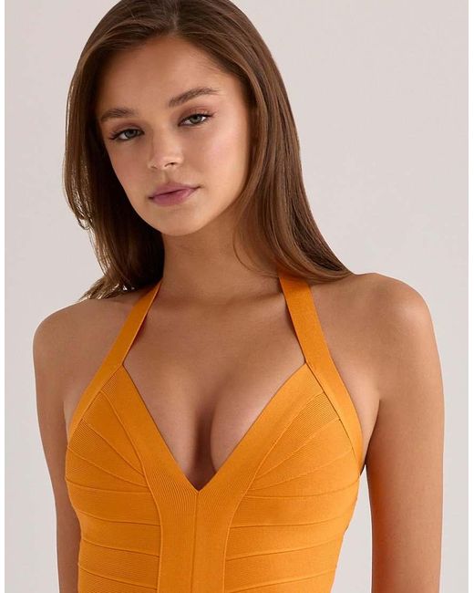 House Of Cb Orange The Contour Mango Sculpting Halter V Waist Mini Bandage Dress