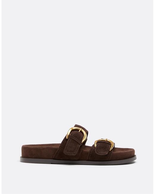 Stradivarius Brown Flat Leather Buckle Sandals