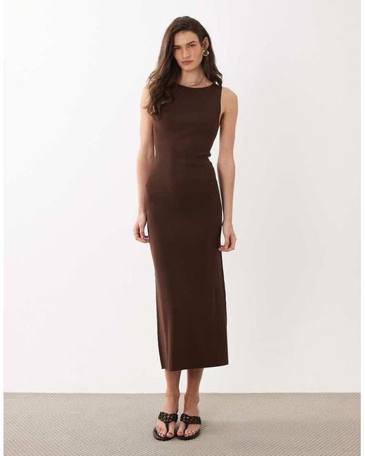 Mango Brown Boat Neck Sleeveless Midi Dress
