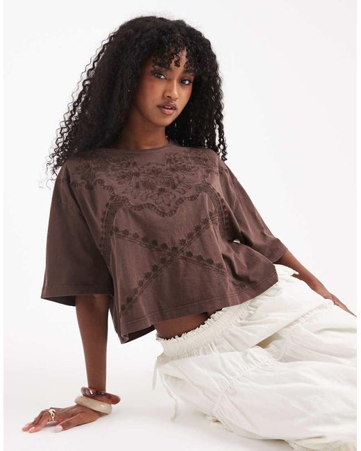 Miss Selfridge Brown Western Embroidered Cropped Tee