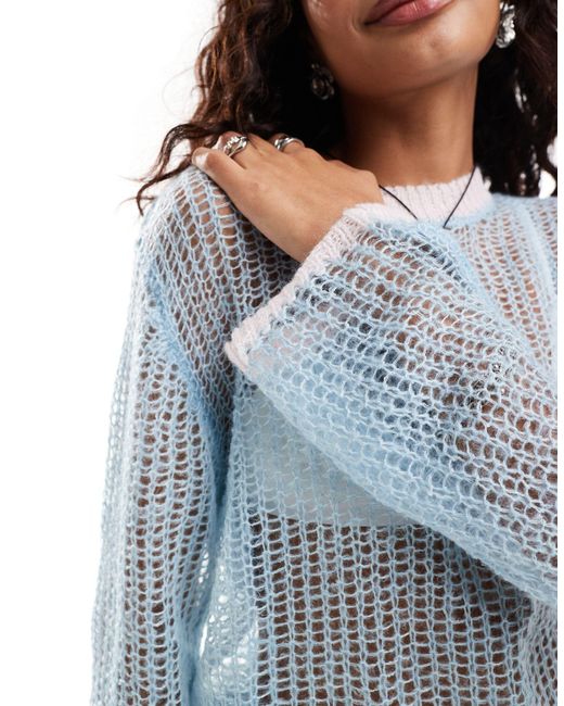 Monki Blue Sheer Open Knit Sweater