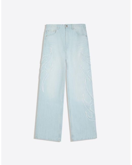 Bershka Blue Baggy Patch Jeans for men