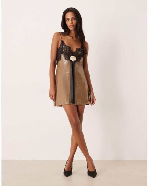 For Love & Lemons Natural Sequin A-line Cami Mini Dress With Lace Neckline