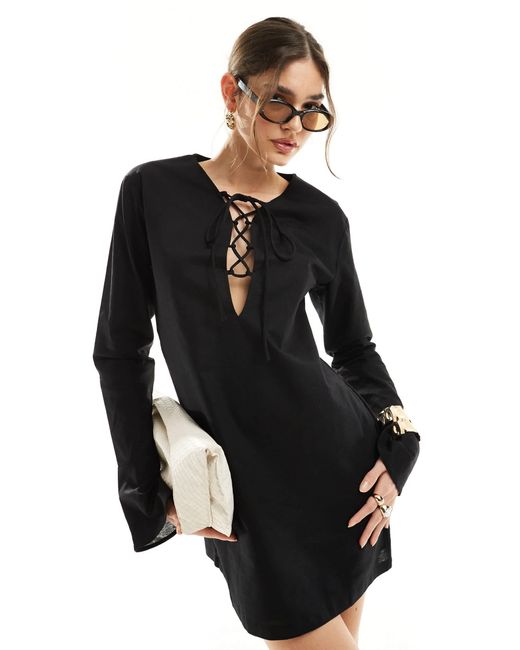 SNDY'S Black Bell Sleeve Mini Dress With Tie Up Front Detail