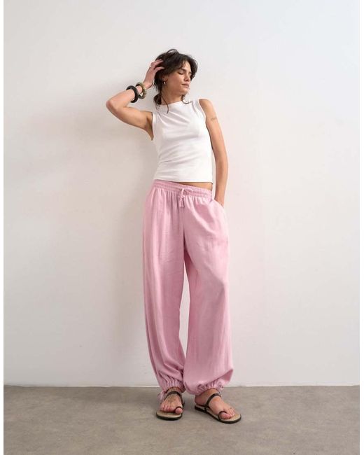 TOPSHOP Pink Linen Blend Elasticated Waist Balloon Pants