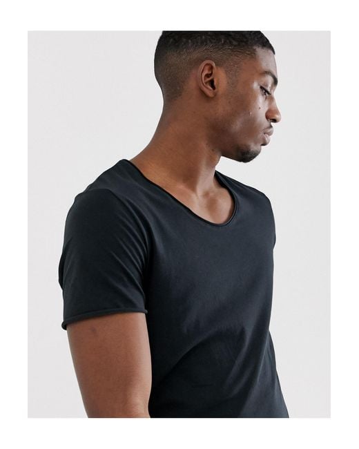 SELECTED Scoop Neck Rolled Hem T-shirt in Black for Men | Lyst