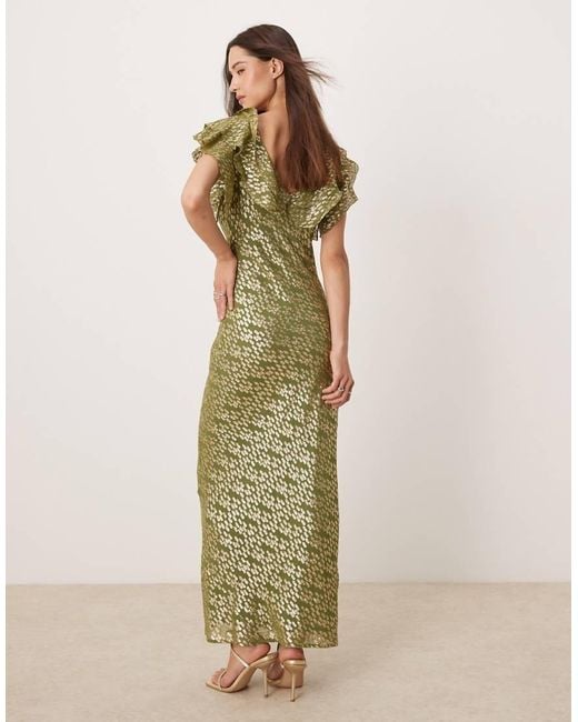 Never Fully Dressed Green Tilda Metallic Ruffle Maxi Dress