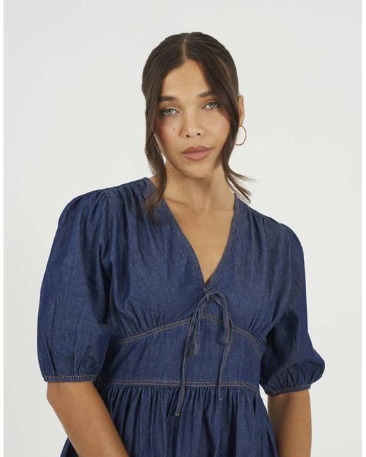 Brave Soul Blue Chambray Short Puff Sleeve Mini Dress