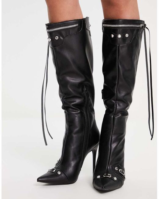 Public Desire Black Cardi Knee High Stiletto Boot