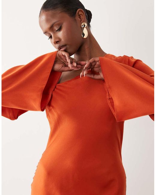 ASOS Red Fallen Shoulder Long Sleeve Column Maxi Dress