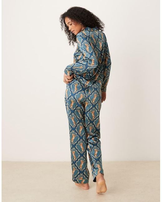 Chelsea Peers Blue Satin Long Sleeve Revere Pyjama Set