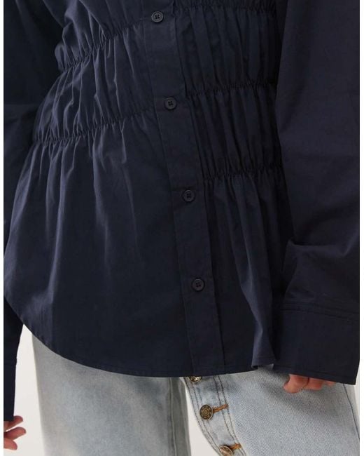 Lioness Blue Chloe Cotton Wide Sleeve Cuffed Ruched Detail Oversized Shirt