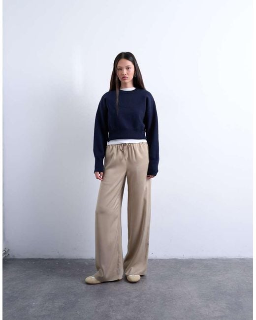 TOPSHOP Blue Satin Tie Waist Wide Leg Trouser