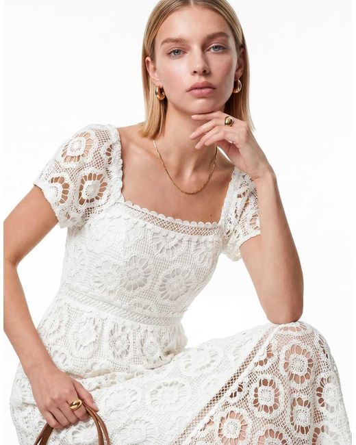 Lovedrobe White Floral Lace Square Neck Short Sleeve Midaxi Dress