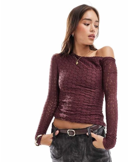 Pull&Bear Purple Asymmetric One Shoulder Lace Top