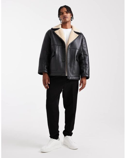 Chaqueta De Aviador Negra De Cuero Sintético Con Forro De Borreguito De ASOS de hombre de color Black