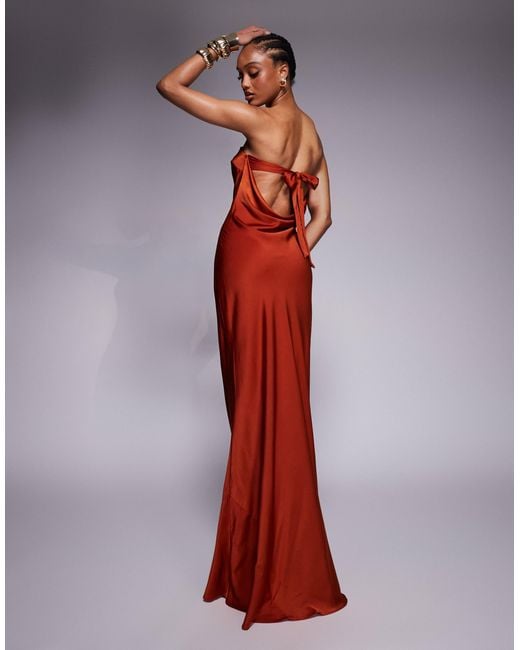ASOS Red Asos Design Tall Satin Trapeze Bandeau Maxi Dress With Bow Back Detail