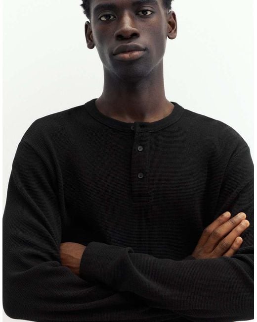 Pull&Bear Black Henley Waffle-knit Long Sleeve T-shirt for men
