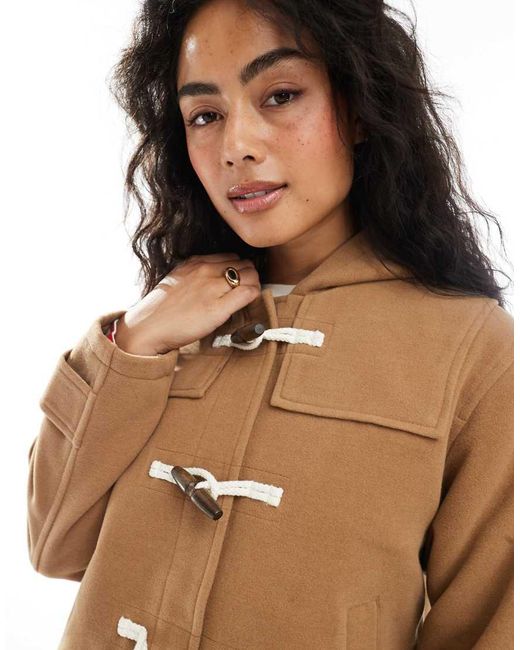 Brave Soul Brown Hooded Faux Wool Duffle Coat With Toggle Front