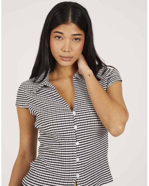 Brave Soul Gray Short Sleeve Gingham Collared Top
