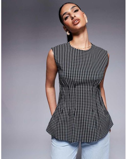 River Island Gray Pintuck Check Poplin Top