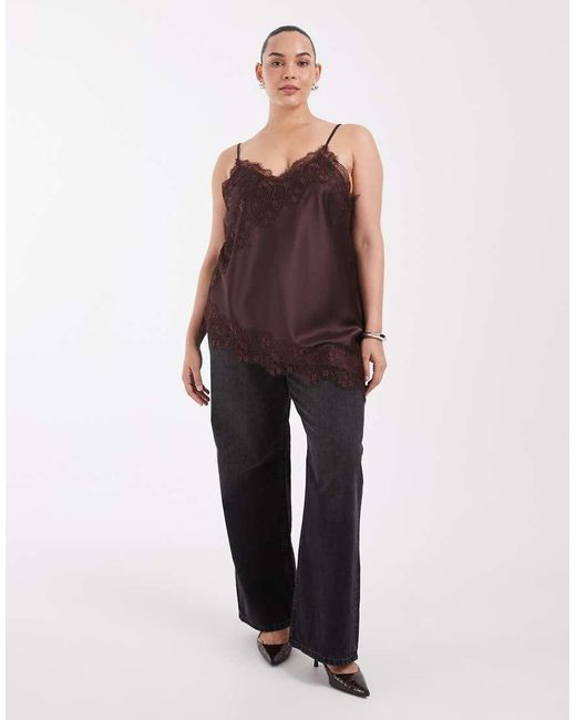 ONLY Brown Asymm Lace Hem Satin Cami Top